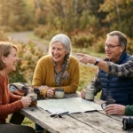 Four older adults sit at a wooden picnic table outdoors, smiling and drinking from mugs with a map laid out.