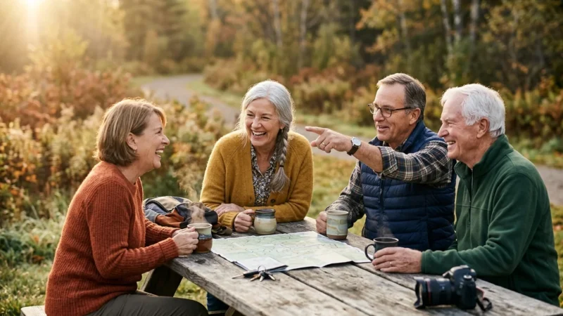 Four older adults sit at a wooden picnic table outdoors, smiling and drinking from mugs with a map laid out.