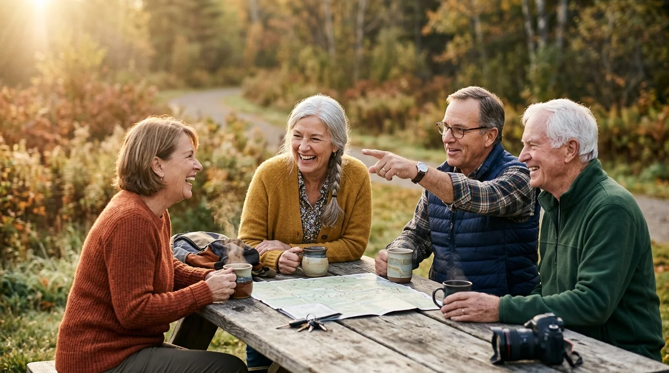 Four older adults sit at a wooden picnic table outdoors, smiling and drinking from mugs with a map laid out.