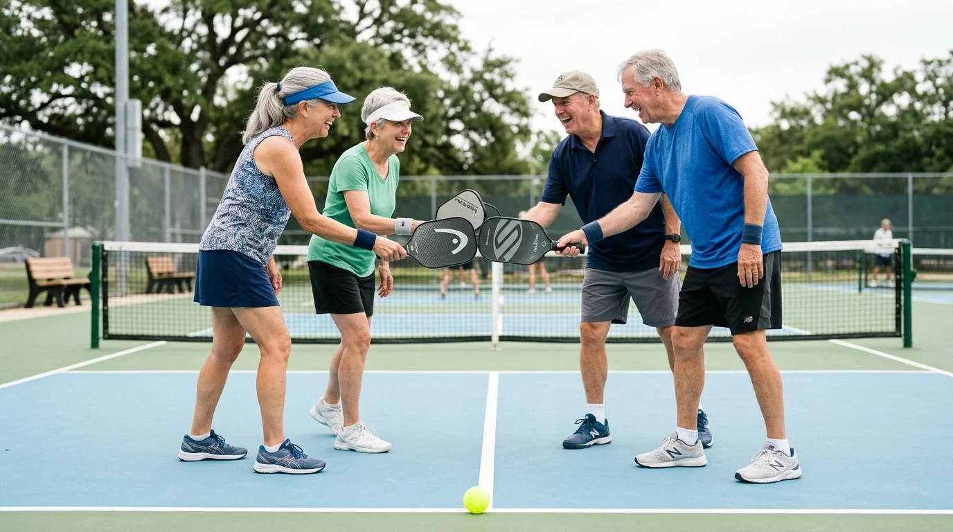 Four senior players tap their paddles together over the net on an outdoor pickleball court, smiling and laughing.