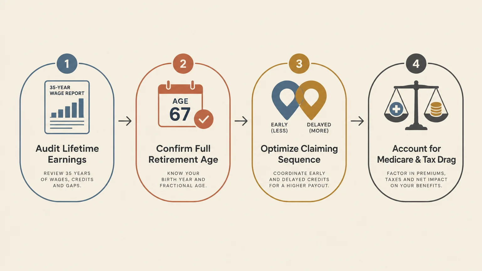 Four-step diagram showing steps to audit lifetime earnings, confirm full retirement age, optimize claiming, and account for drag.