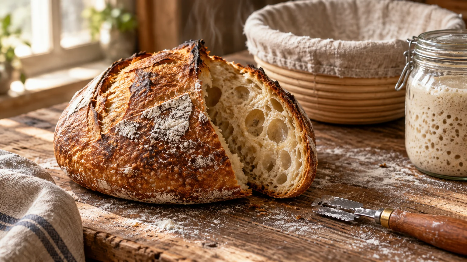Freshly cut steaming sourdough boule beside a jar of active starter and a scoring blade on a wooden table.
