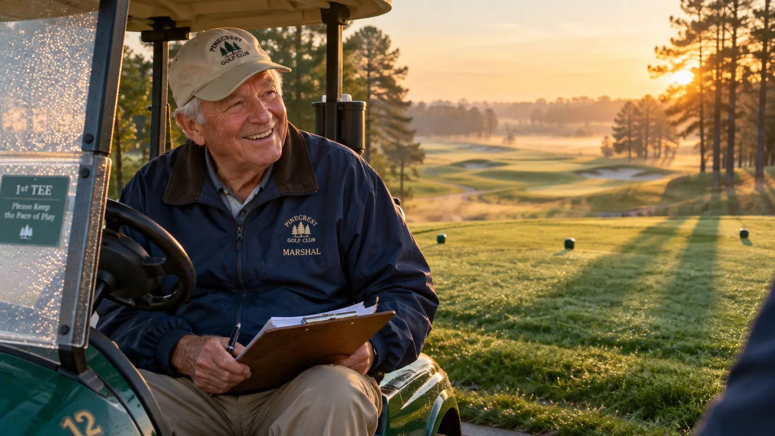 Smiling senior golf marshal sitting in a cart with a clipboard near the first tee at sunrise.