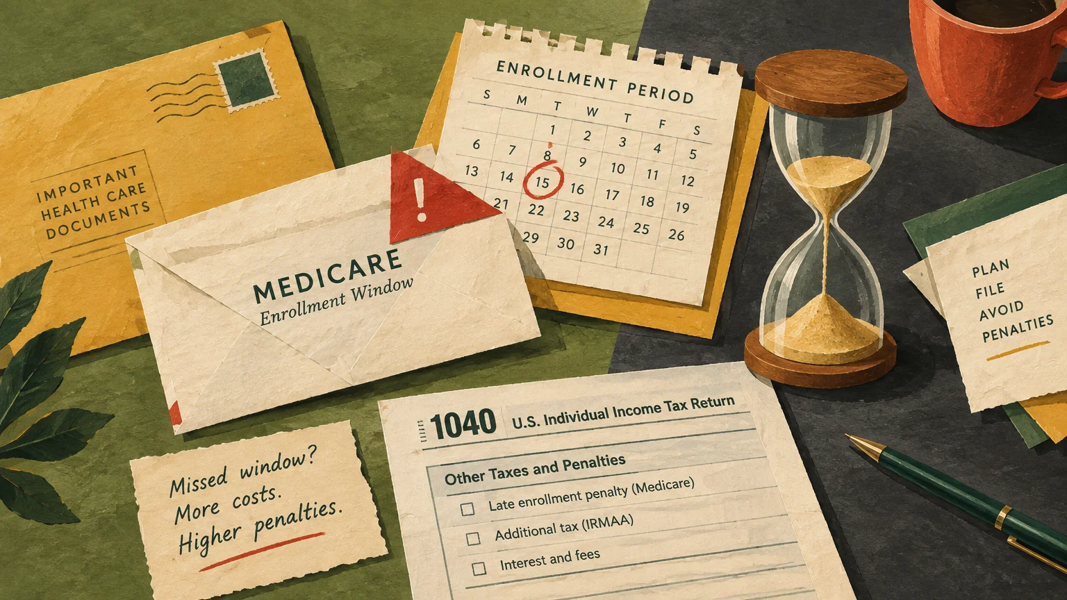 Illustration of Medicare enrollment mail, a calendar with a circled date, tax forms, notes, and an hourglass on a desk.