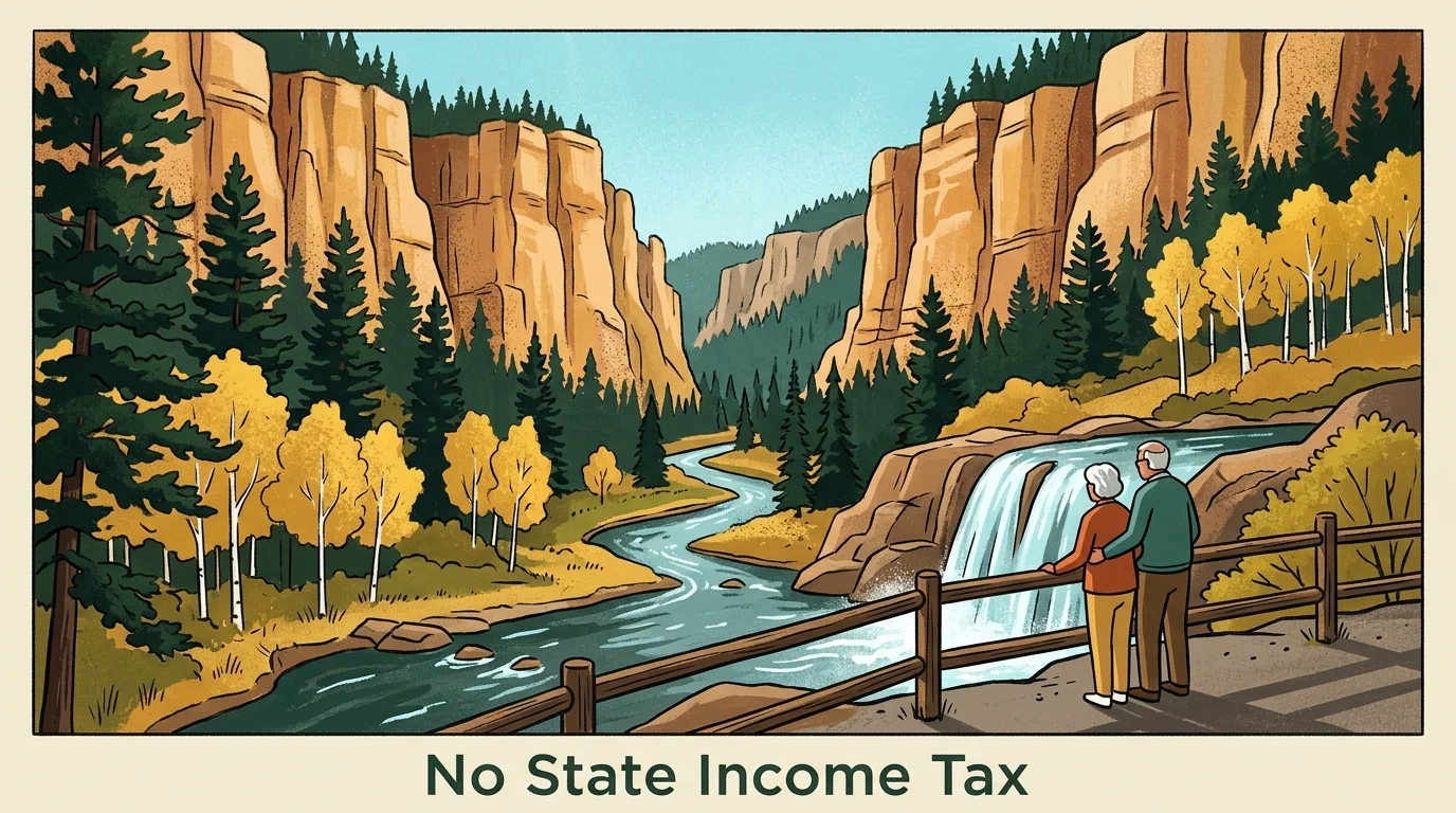 Illustration of an older couple admiring a waterfall and canyon river surrounded by pines, captioned "No State Income Tax".