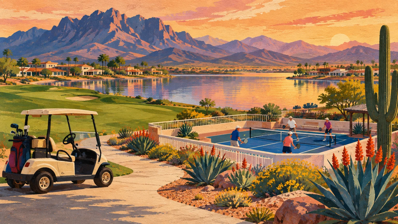 Illustration of people playing pickleball near a golf cart and course overlooking a lake and desert mountains at sunset.