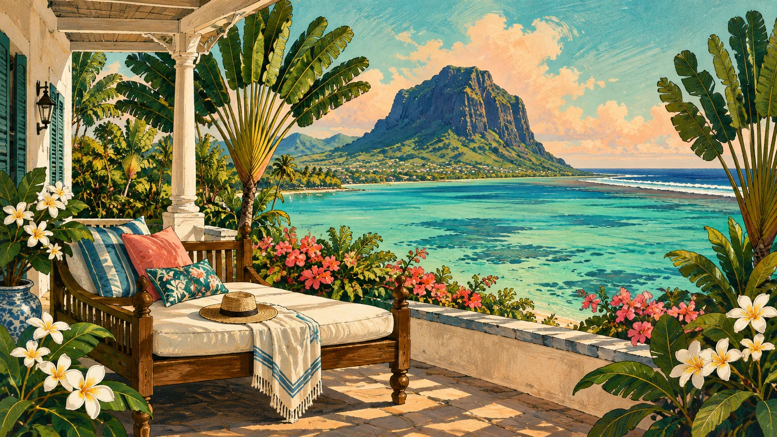 Illustration of a tropical veranda with a daybed overlooking turquoise coastal waters, palm trees, and a mountain peak.