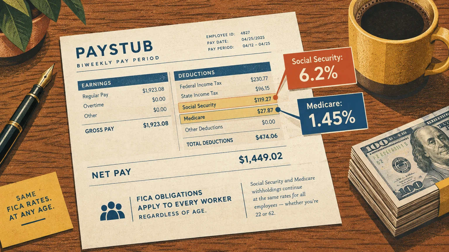 Illustrated paystub on a desk showing deductions with callouts for 6.2% Social Security and 1.45% Medicare tax withholdings.