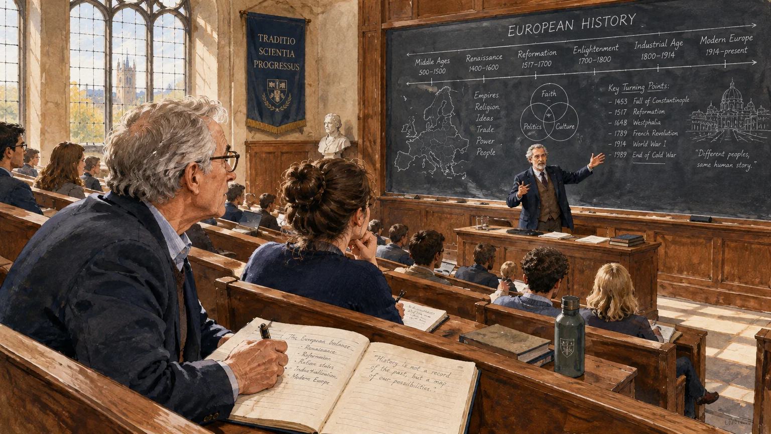 Illustration of an older man taking notes in a university lecture hall as a professor teaches European history.
