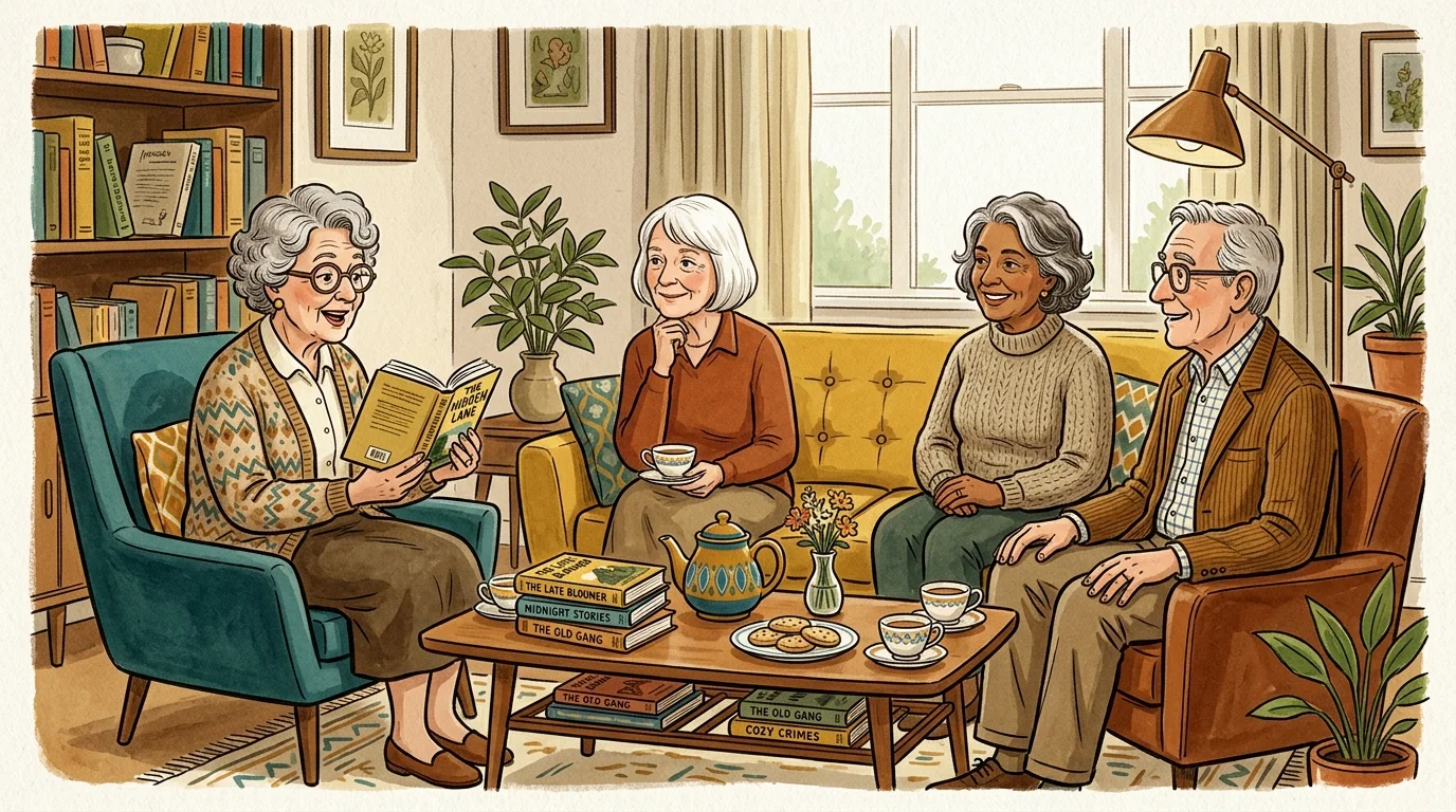 Illustration of four older adults gathered in a cozy living room, listening to a woman reading aloud from a book.