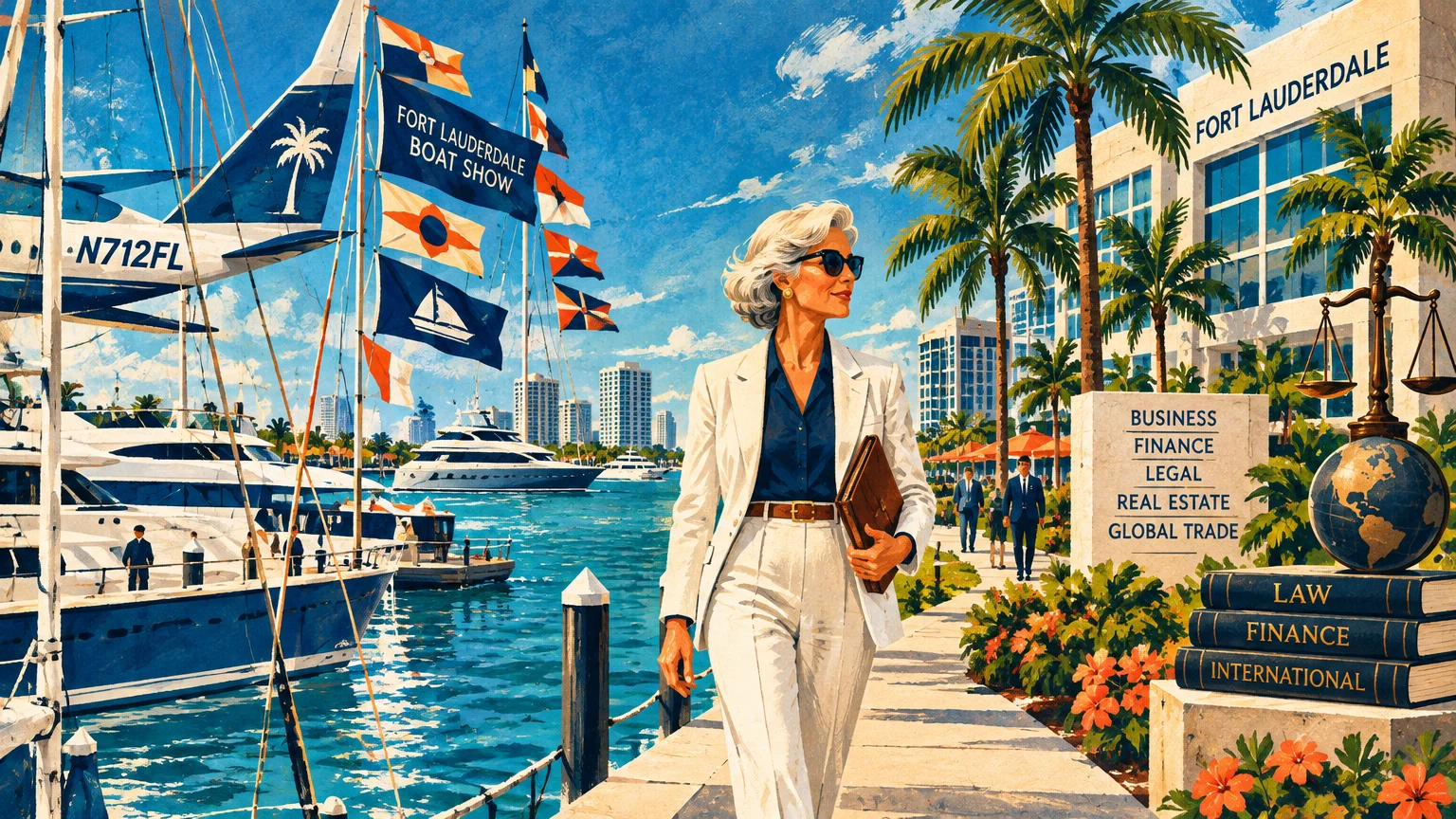 Illustration of a mature businesswoman walking along a sunny Fort Lauderdale harbor lined with yachts, an airplane, and palm trees.