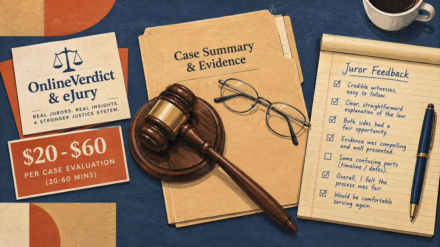 Illustration of a wooden gavel, eyeglasses, case file, juror feedback notepad, and rate cards on a desk.