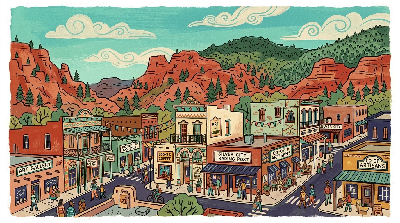 Colorful illustrated town street with art galleries and shops set against red rock cliffs and forested hills.