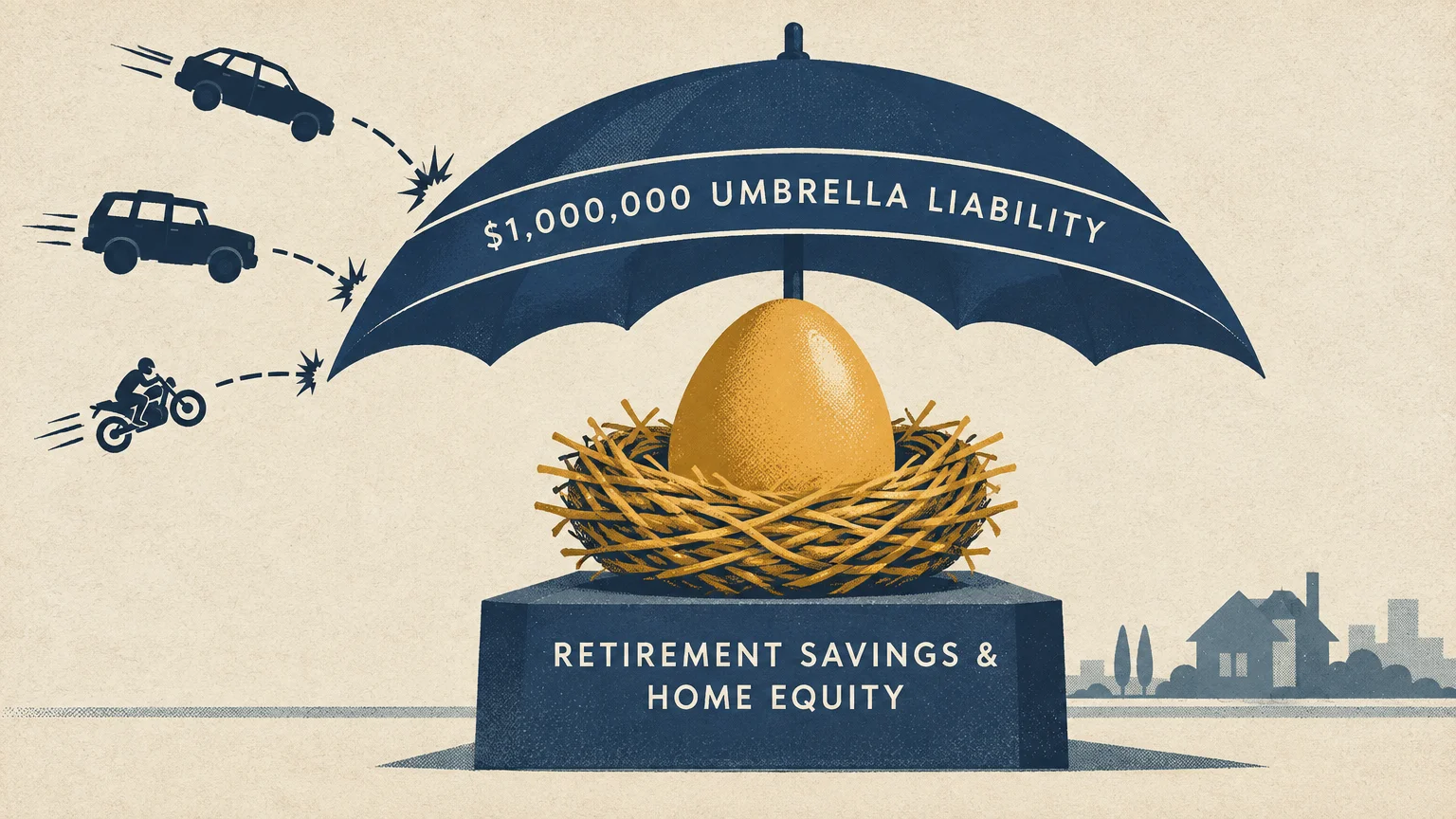 Illustration of an umbrella labeled umbrella liability shielding a golden nest egg from flying vehicles.