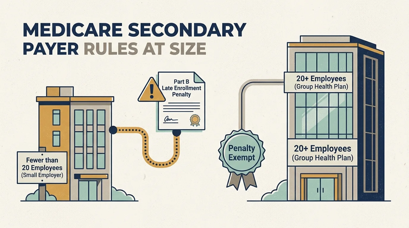 Graphic comparing a small building triggering Medicare Part B late enrollment penalties with a larger building exempt from them.