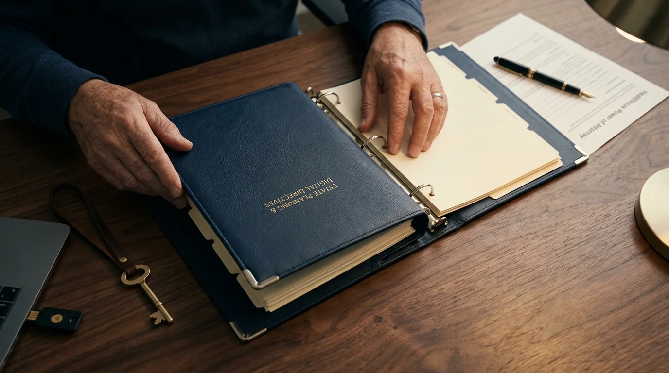 Person at a wooden desk opening an estate planning and digital directives binder next to a key and power of attorney form.