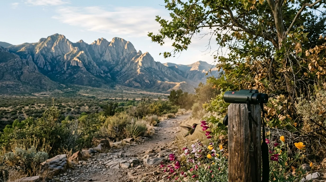 Binoculars rest on a wooden post beside a desert trail and wildflowers, facing rugged mountains in early morning light.