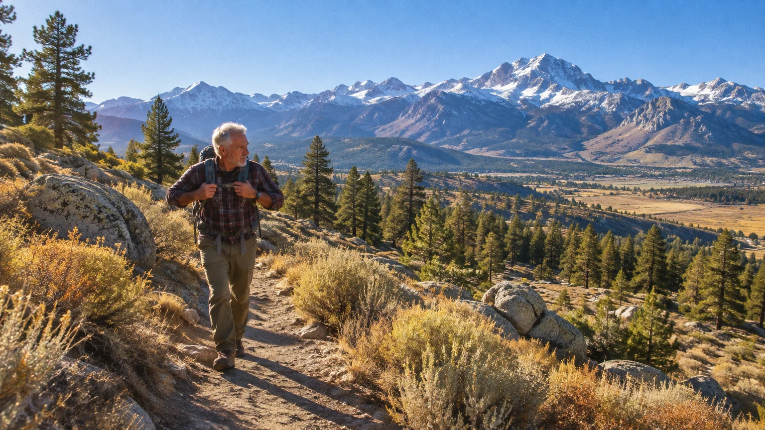 A senior man with a backpack hikes a dirt trail overlooking pine trees and snow-capped mountain peaks.
