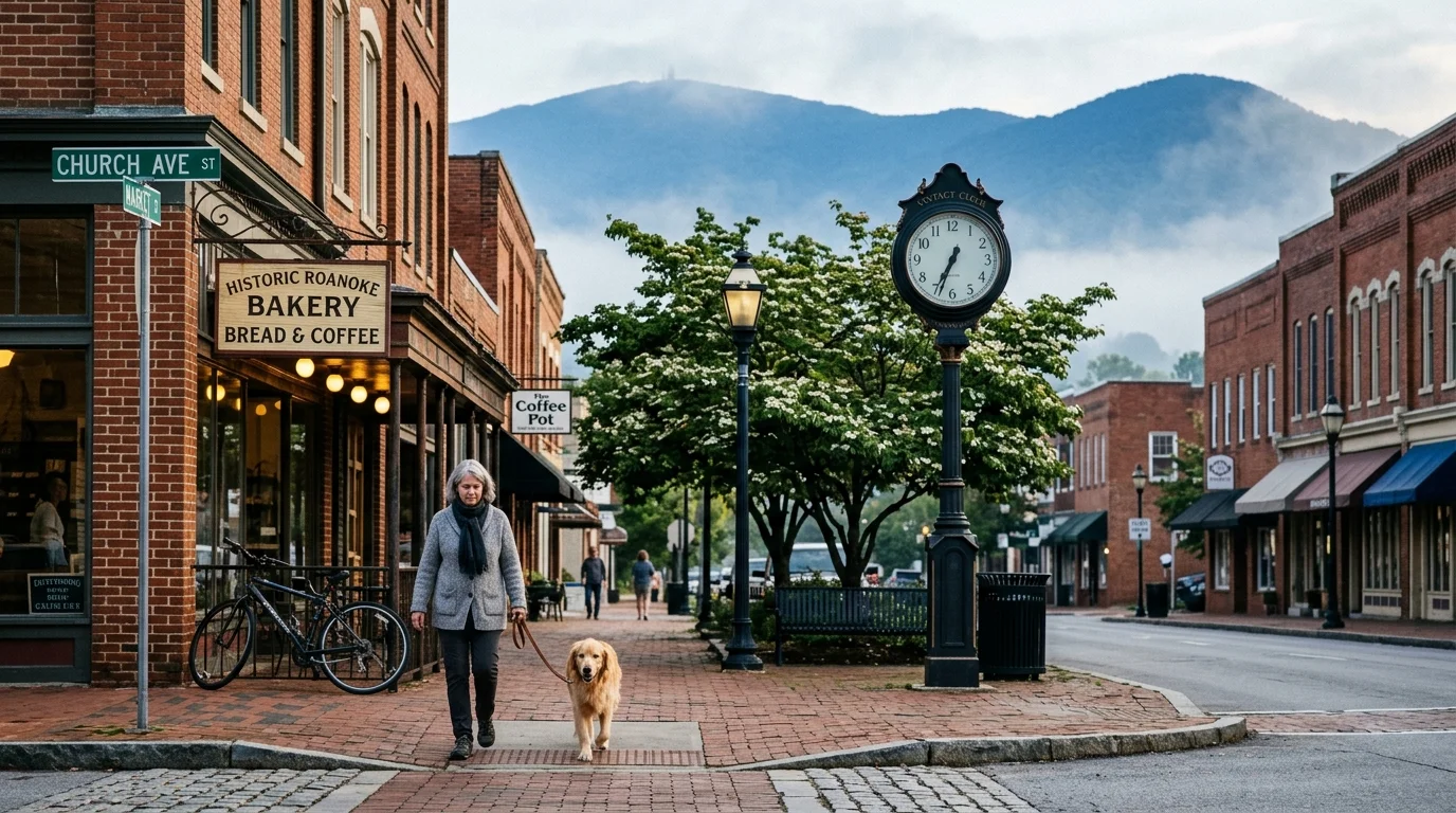 A woman walks a golden retriever down a brick sidewalk in a historic downtown street with mountains in the background.