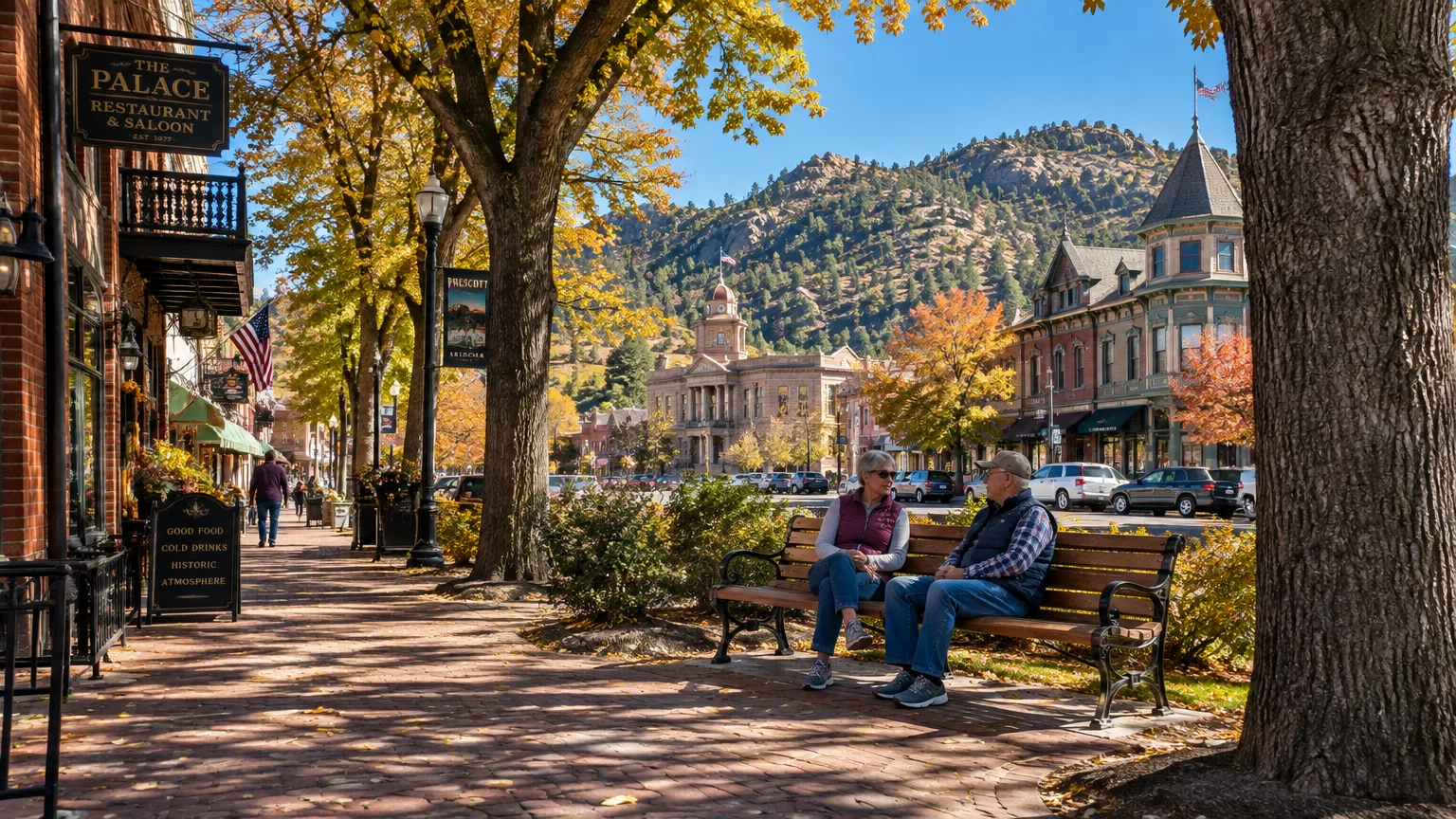 Couple sitting on a bench along a tree-lined brick sidewalk in front of historic downtown buildings and mountains.