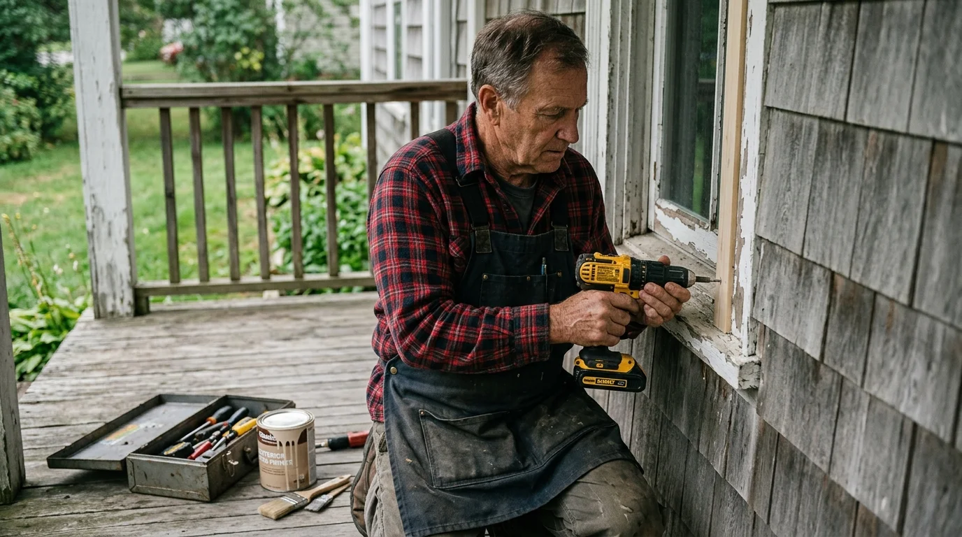 A man wearing an apron uses a cordless drill to repair a window frame on an aged wooden porch.