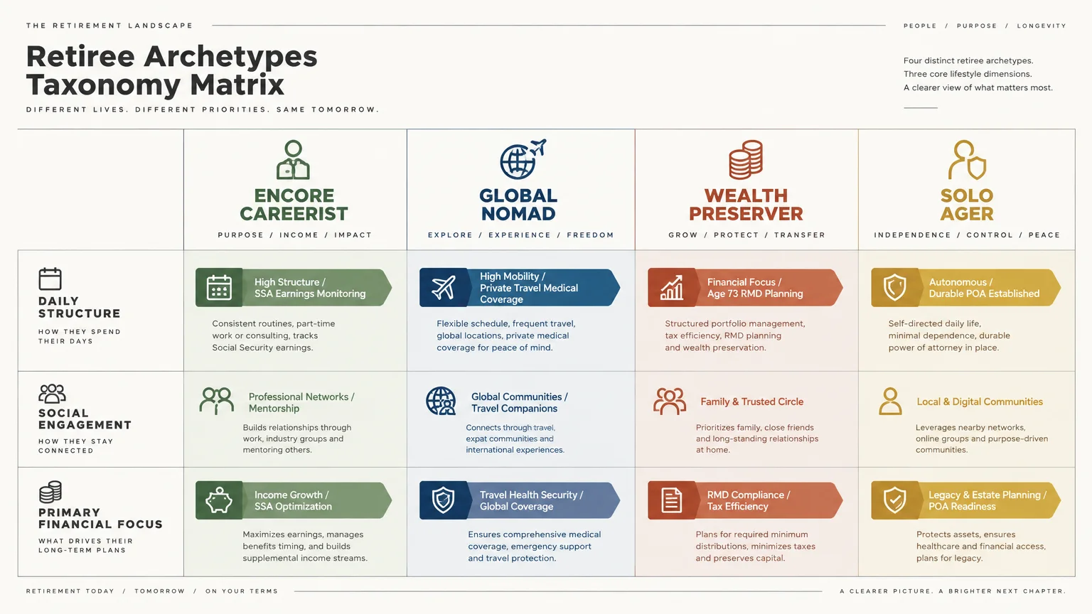 Matrix comparing four retiree archetypes across daily structure, social engagement, and primary financial focus.