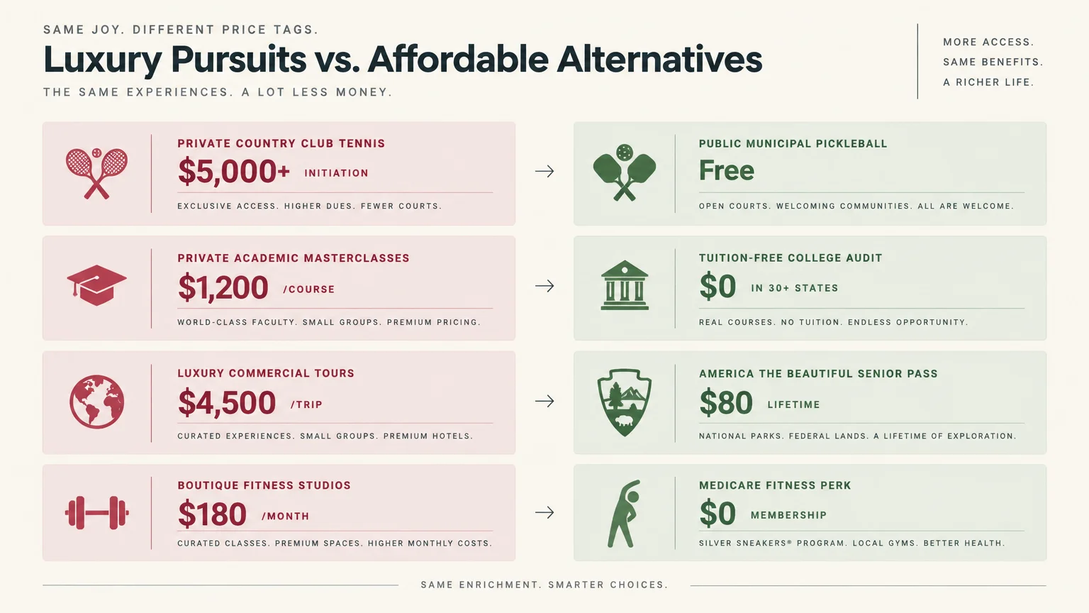 Infographic comparing costs of luxury pursuits like country club tennis and tours against free or low-cost alternatives.