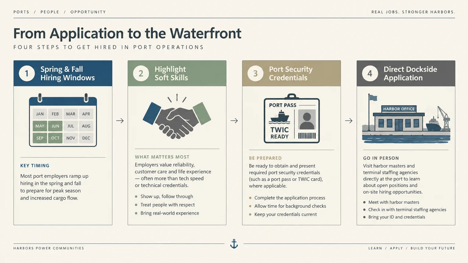 Four-step diagram outlining hiring windows, soft skills, port security credentials, and direct dockside applications.