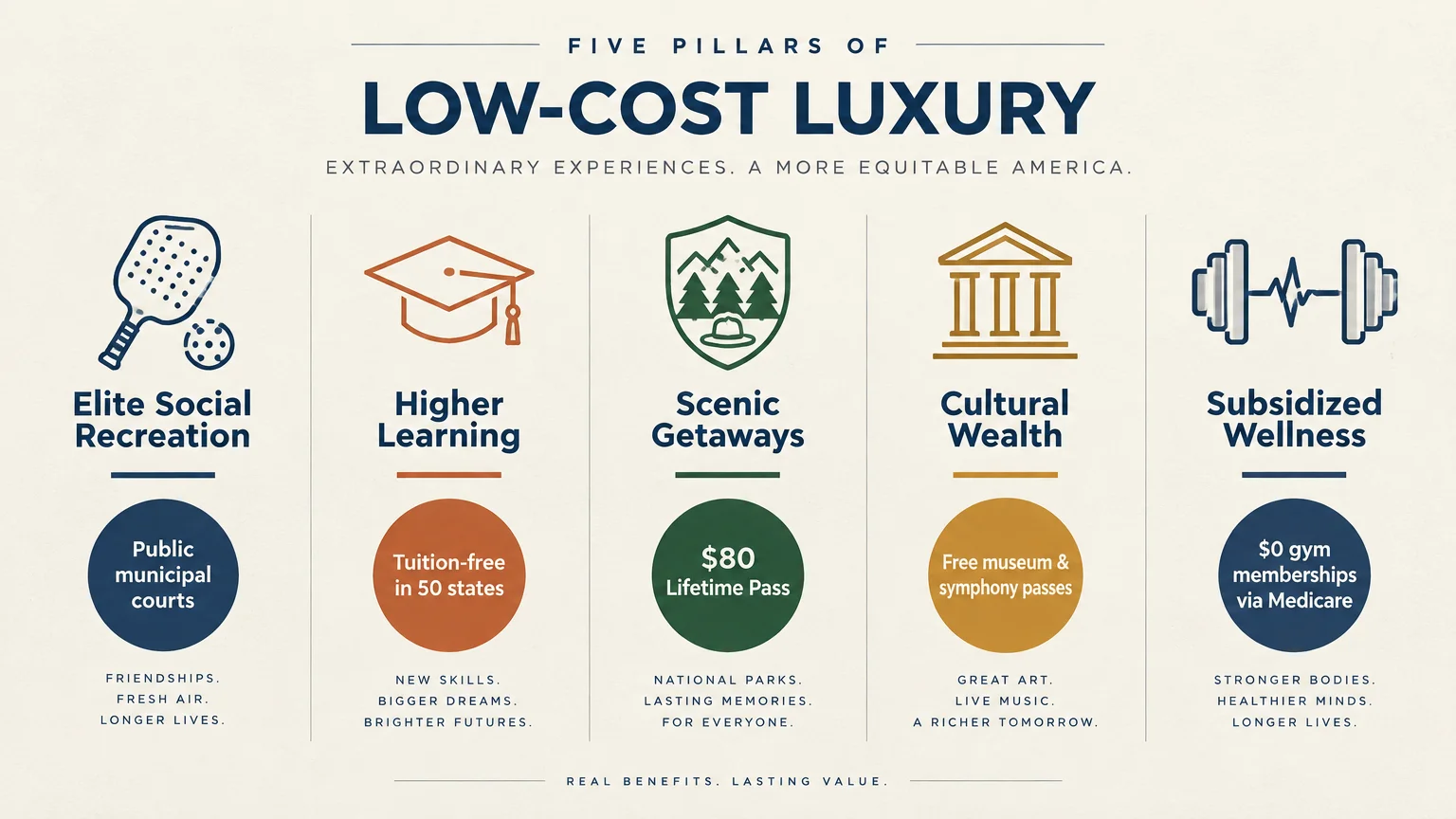 Infographic outlining five pillars of low-cost luxury: recreation, higher learning, getaways, cultural wealth, and wellness.