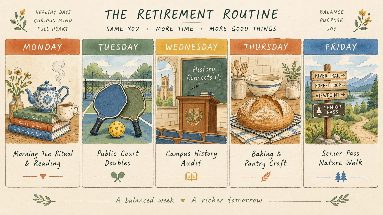 Five-panel weekly schedule showing tea and books, pickleball paddles, a lecture hall, artisan bread, and a trail sign.