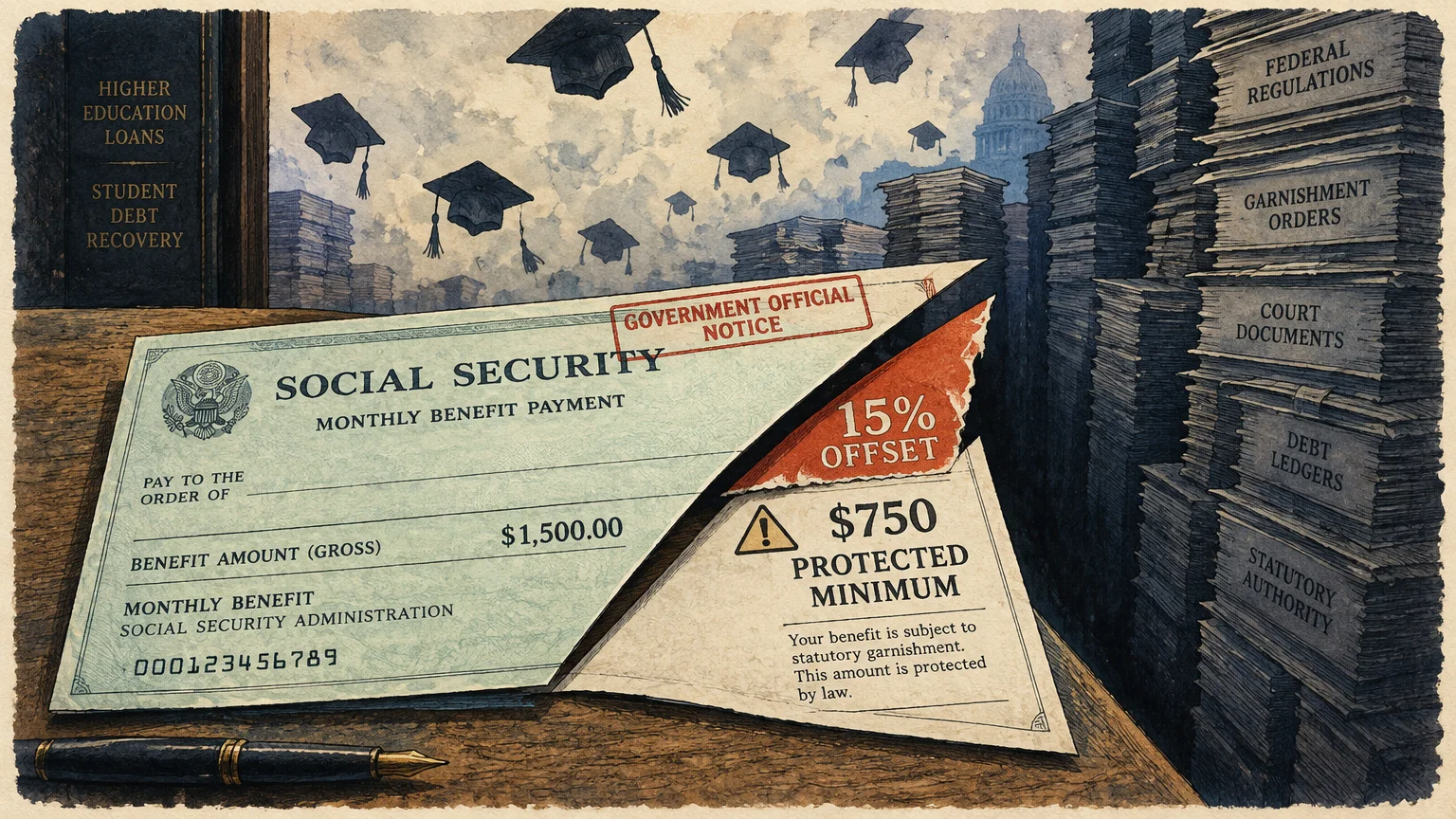 Illustration of a Social Security check cut in half beside stacks of legal documents and floating graduation caps.