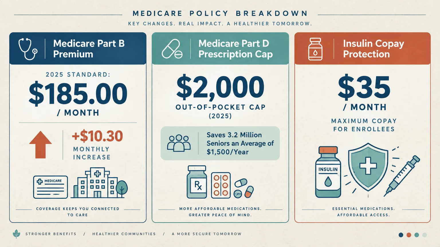 Diagram outlining Medicare policy changes: $185 Part B premium, $2,000 Part D cap, and a $35 insulin copay.