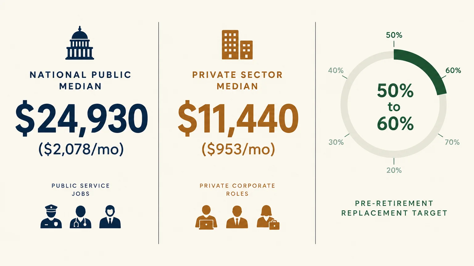 Infographic comparing public pension median of $24,930 to private sector $11,440 and a 50% to 60% replacement target.