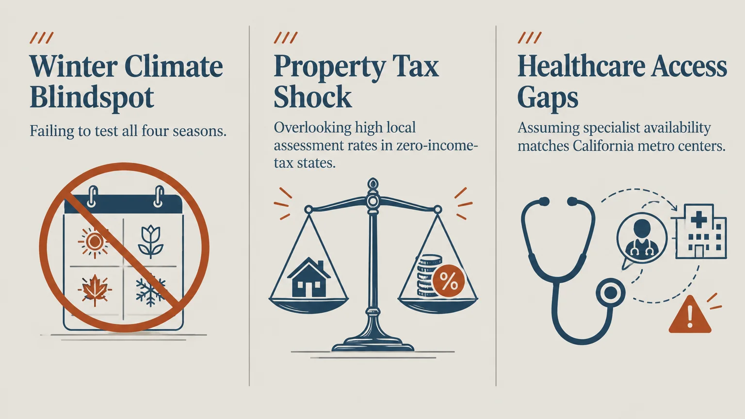 Infographic detailing three retirement mistakes: winter climate blindspots, property tax shock, and healthcare access gaps.