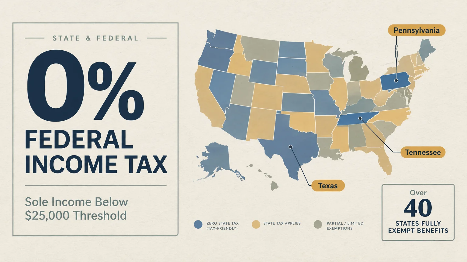 US map highlighting state taxes on benefits alongside a 0% federal income tax graphic.