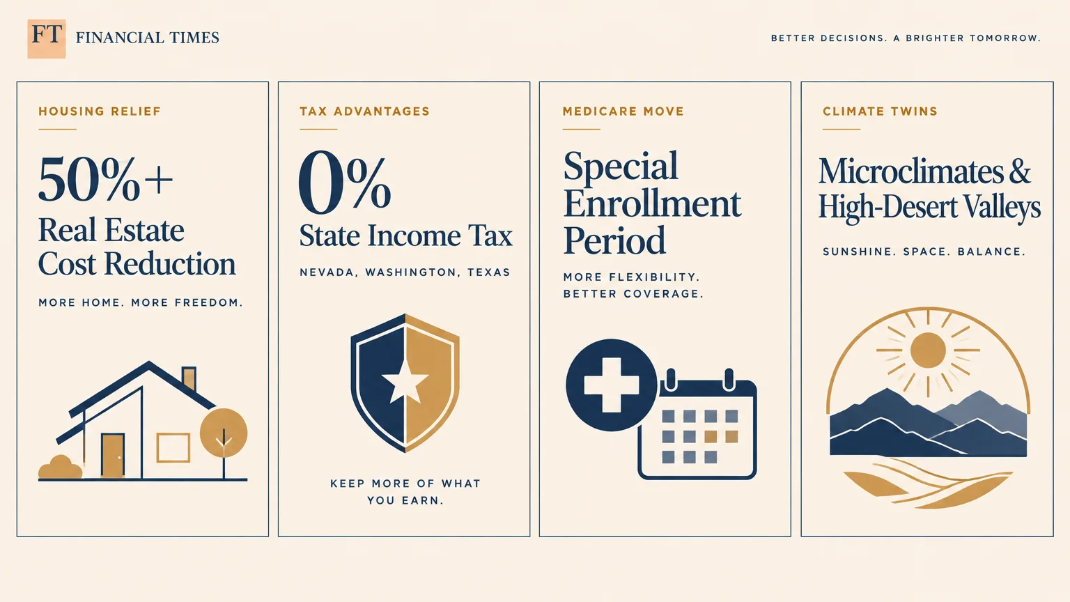 Four-panel infographic detailing housing relief, zero state income tax, Medicare enrollment periods, and climate twins.