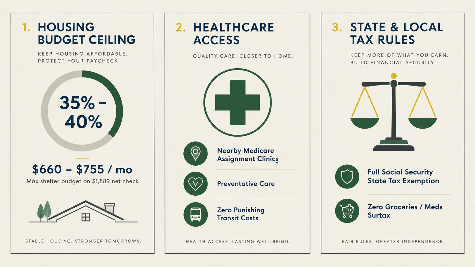 Three-panel infographic outlining criteria: housing budget ceiling with circle chart, healthcare access, and tax rules.