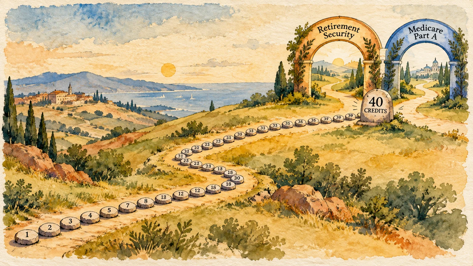 Numbered stones line a path to a 40 Credits milestone framed by Retirement Security and Medicare Part A arches.