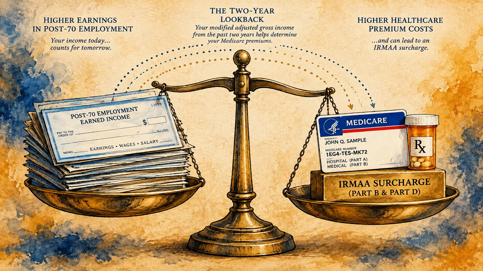 Illustration of balance scales holding post-70 paychecks on one side and a Medicare card with an IRMAA surcharge on the other.