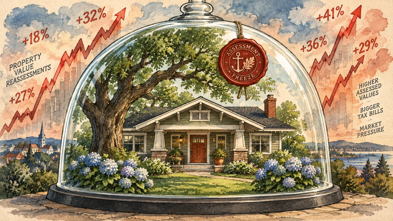 A house sheltered inside a glass cloche bearing an assessment freeze seal, surrounded by rising red trend line graphs.