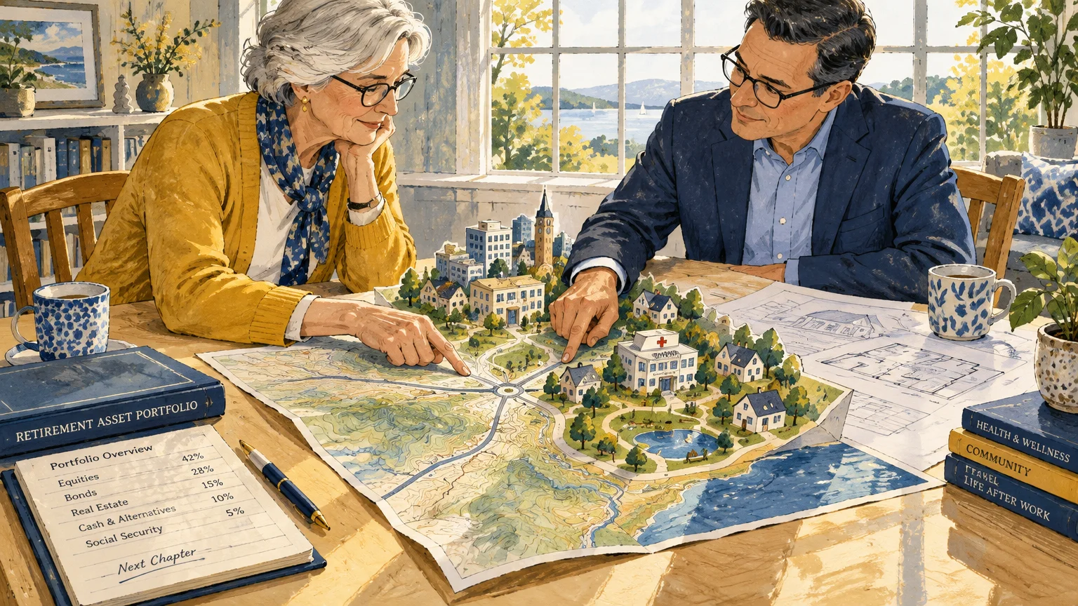 A man and woman examine a 3D pop-up map of a coastal town beside retirement planning documents on a sunlit table.