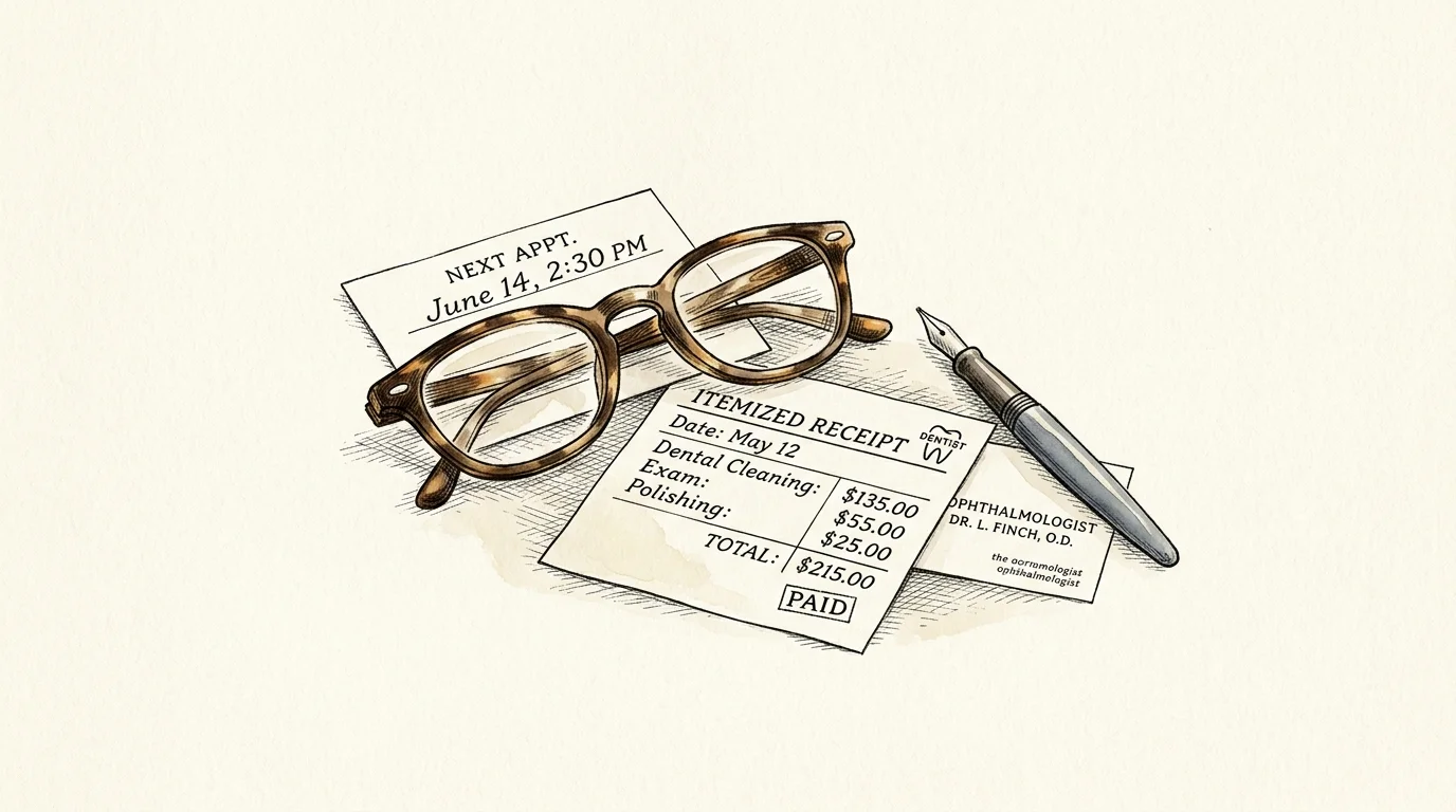 Tortoiseshell eyeglasses, an ink pen, appointment cards, and a paid dental receipt on a beige background.
