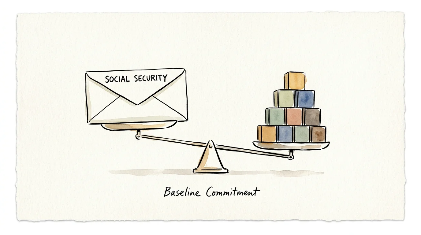 Illustration of a balance scale with a Social Security envelope weighed down by stacked blocks labeled Baseline Commitment.