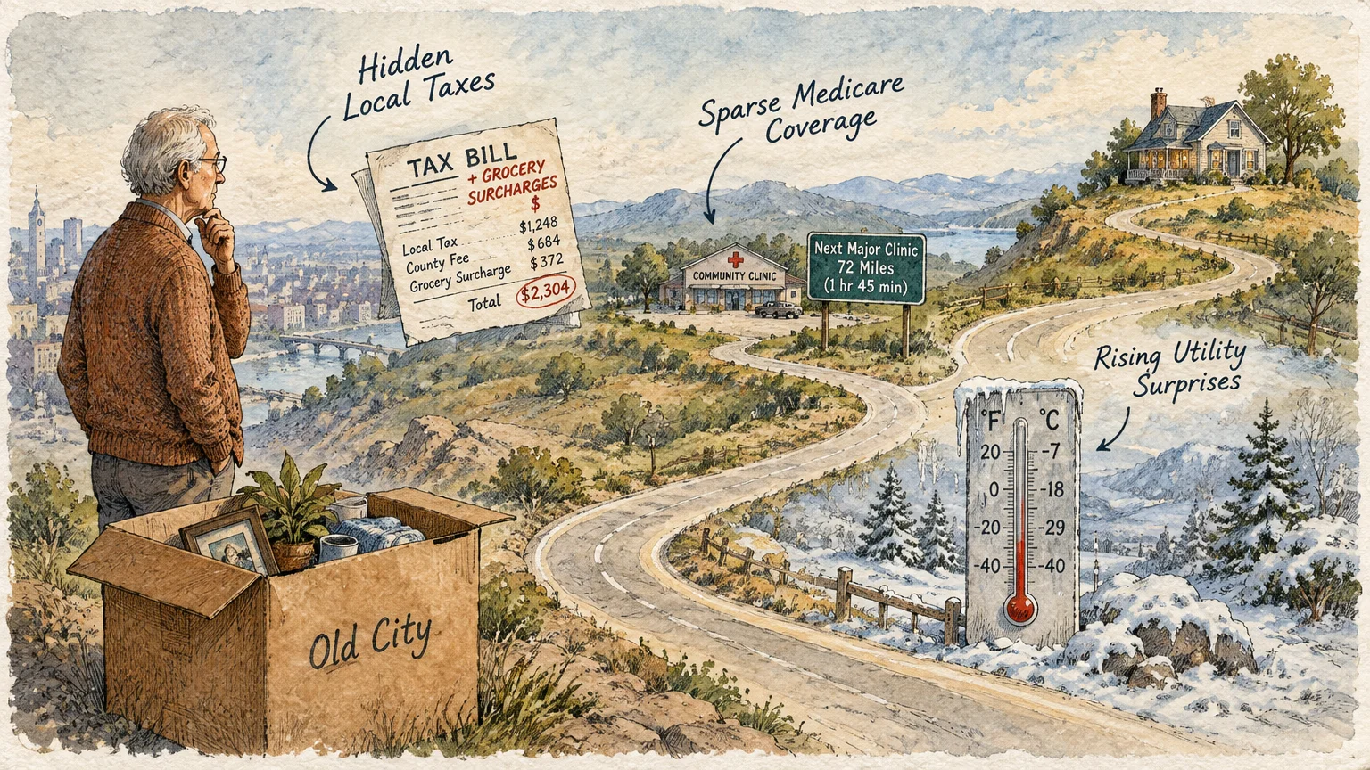 A senior man looks along a winding road with callouts for hidden taxes, distant medical clinics, and cold utilities.