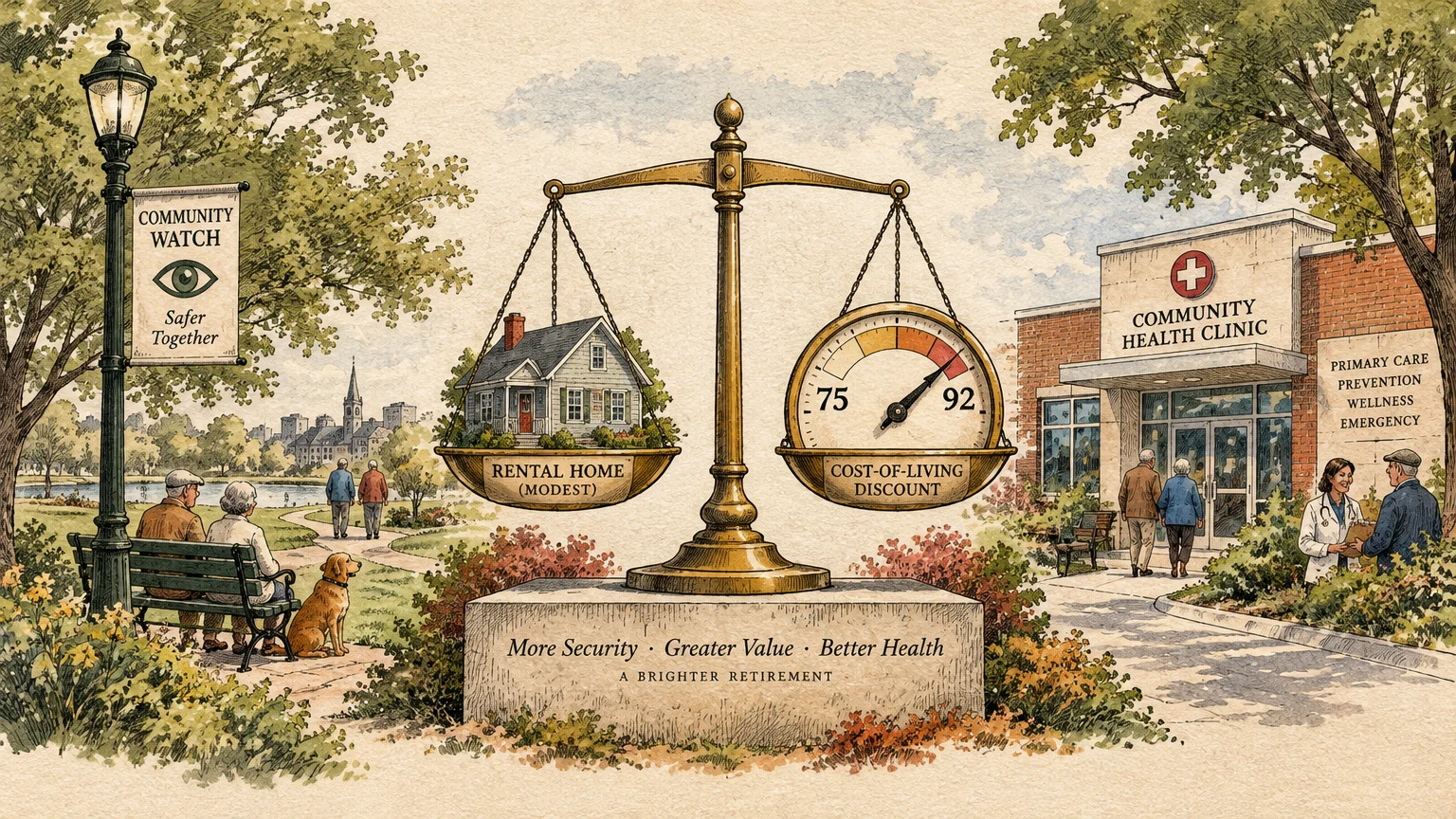 Illustration of balance scales holding a house and gauge between a park and community health clinic.