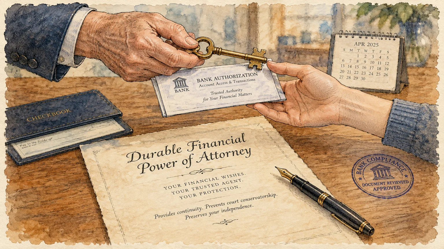 Illustration of hands exchanging a key and bank envelope over a durable financial power of attorney document and pen.