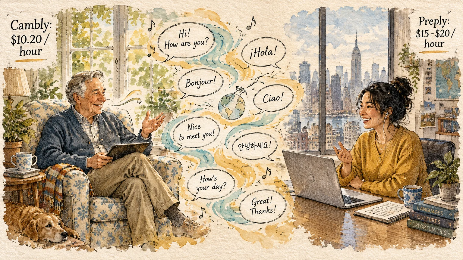 Split illustration of a man on a tablet and a woman on a laptop video chatting across multilingual speech bubbles.