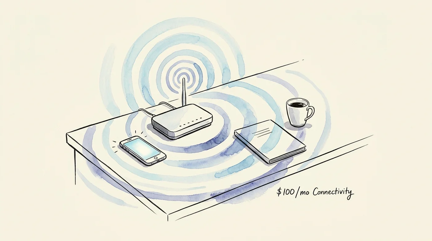 Watercolor sketch of a Wi-Fi router emitting signals on a desk beside a smartphone, notebook, and coffee mug.