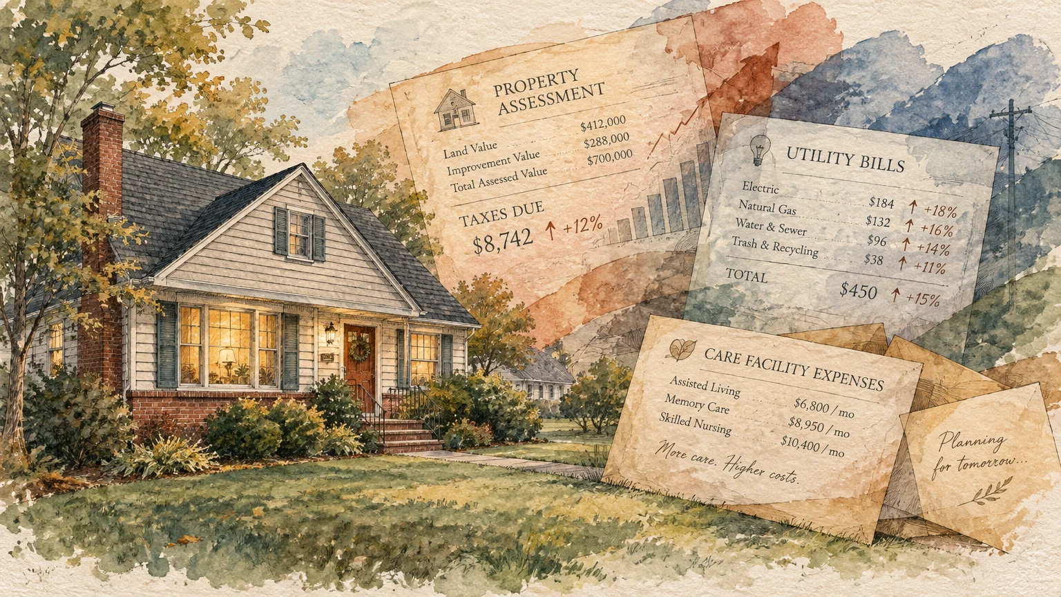 Watercolor suburban house with document overlays showing property taxes, utility bills, and care facility expenses.