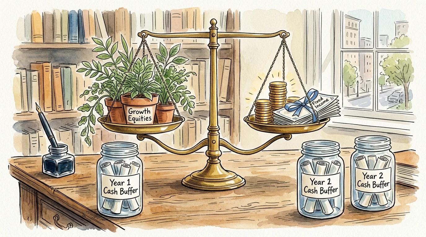 Illustration of a balance scale holding potted plants and coins near glass jars labeled Year 1 and Year 2 Cash Buffer.